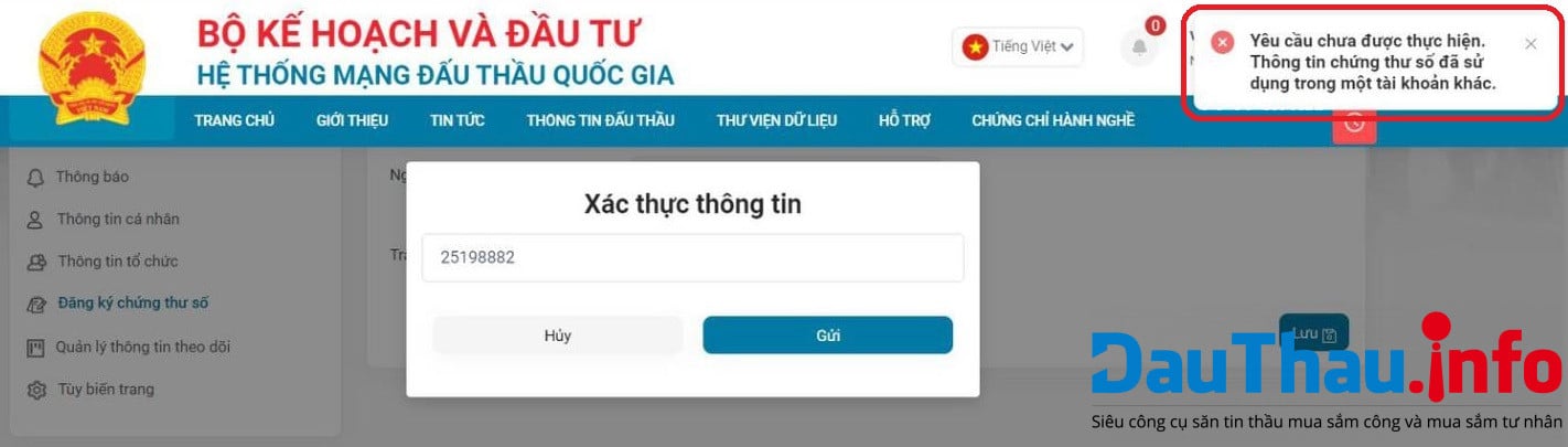 tài khoản phân quyền không đăng ký chứng thư số thành công